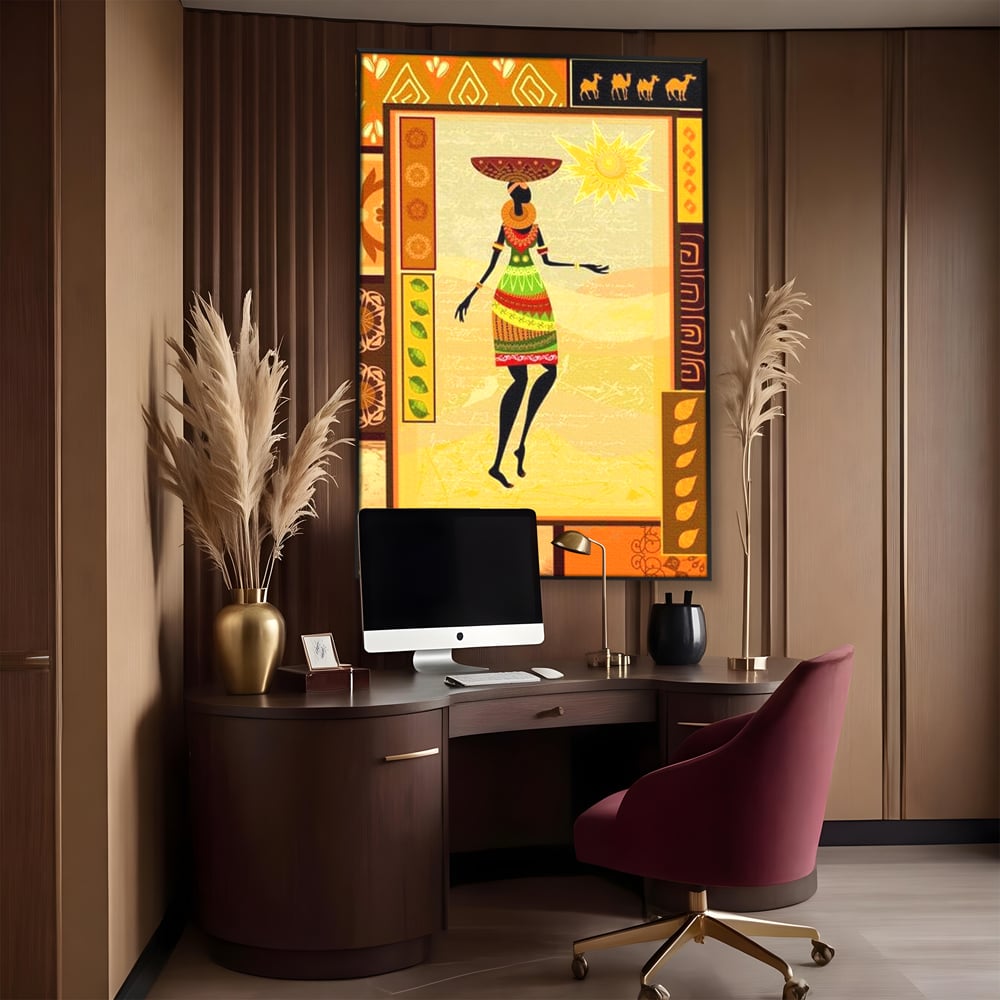Tablou canvas cu tablou canvas cu silueta feminina african, in rama de aluminiu negru, pe perete intr-un birou